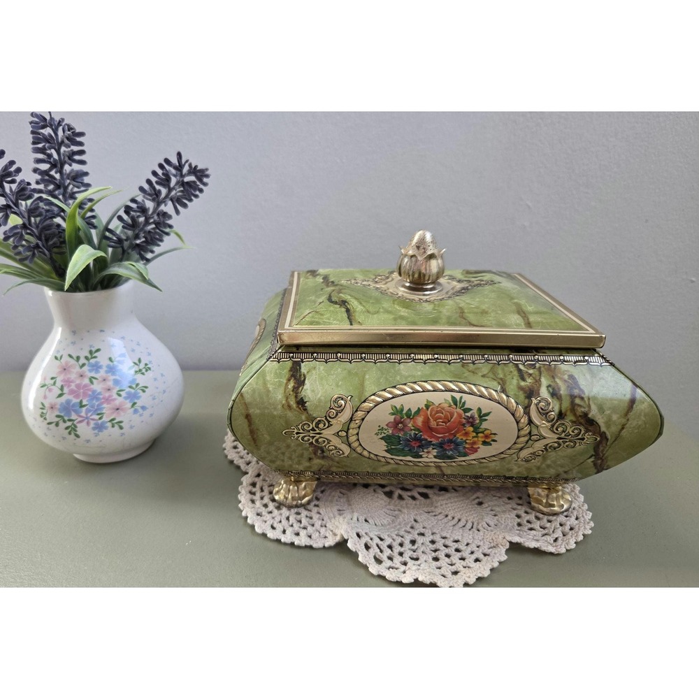 Vintage Green Metal Trinket Box Floral Faux Marble Vanity Jewelry Box